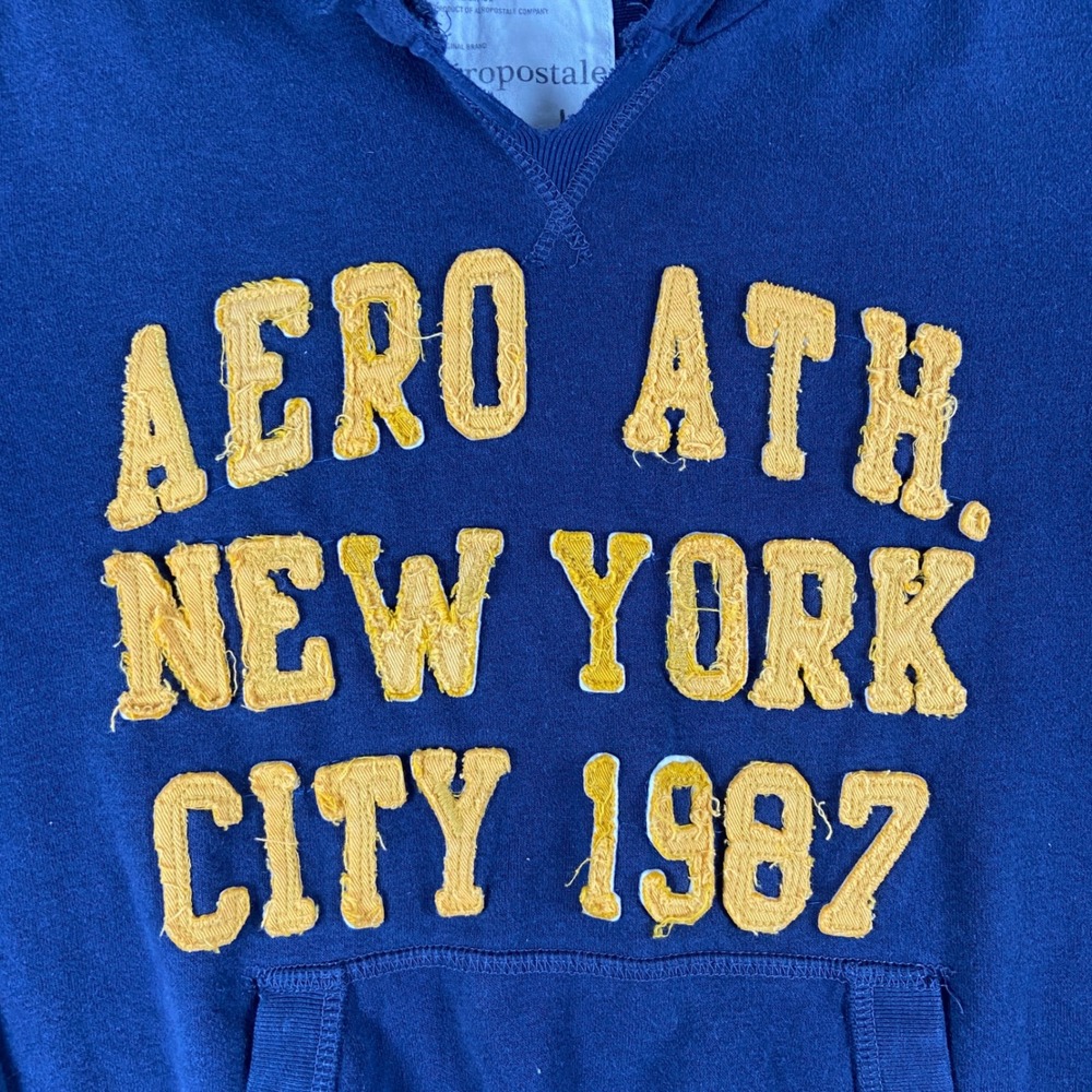 Vintage Aeropostale Hoodie Women L Blue Ath NYC 1987 Pullover Sweatshirt Y2K - Picture 2 of 7